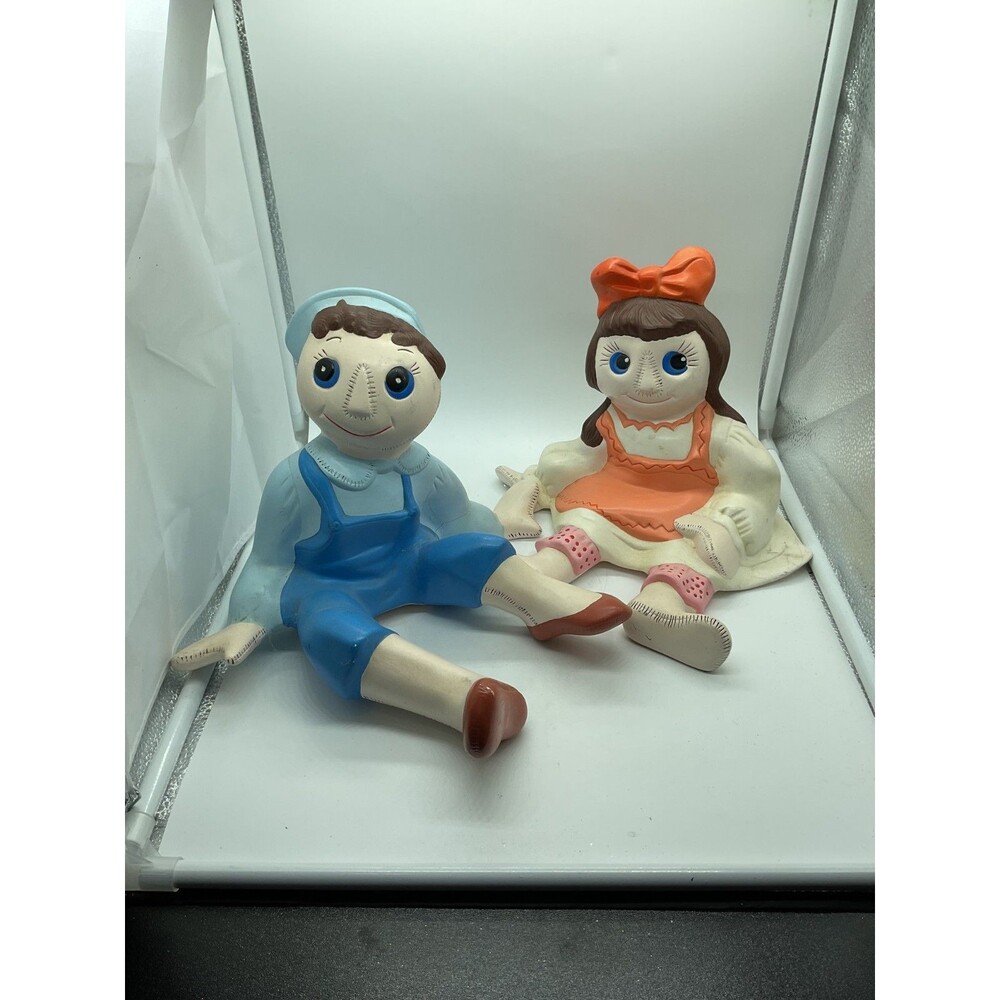 Ceramic Raggedy Ann & Andy Style Doll Figurines Bisque Hand Painted 8"